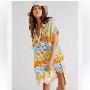 FREE PEOPLE Striped Crochet Kimono Popover Cream Orange Blue One Size